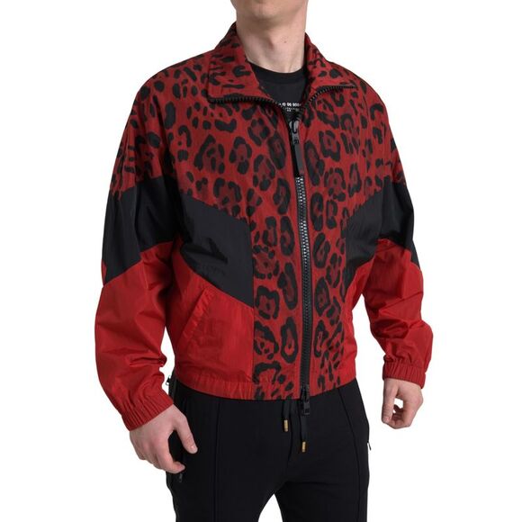 Dolce & Gabbana Red Leopard Nylon Full Zip Men's Sweater